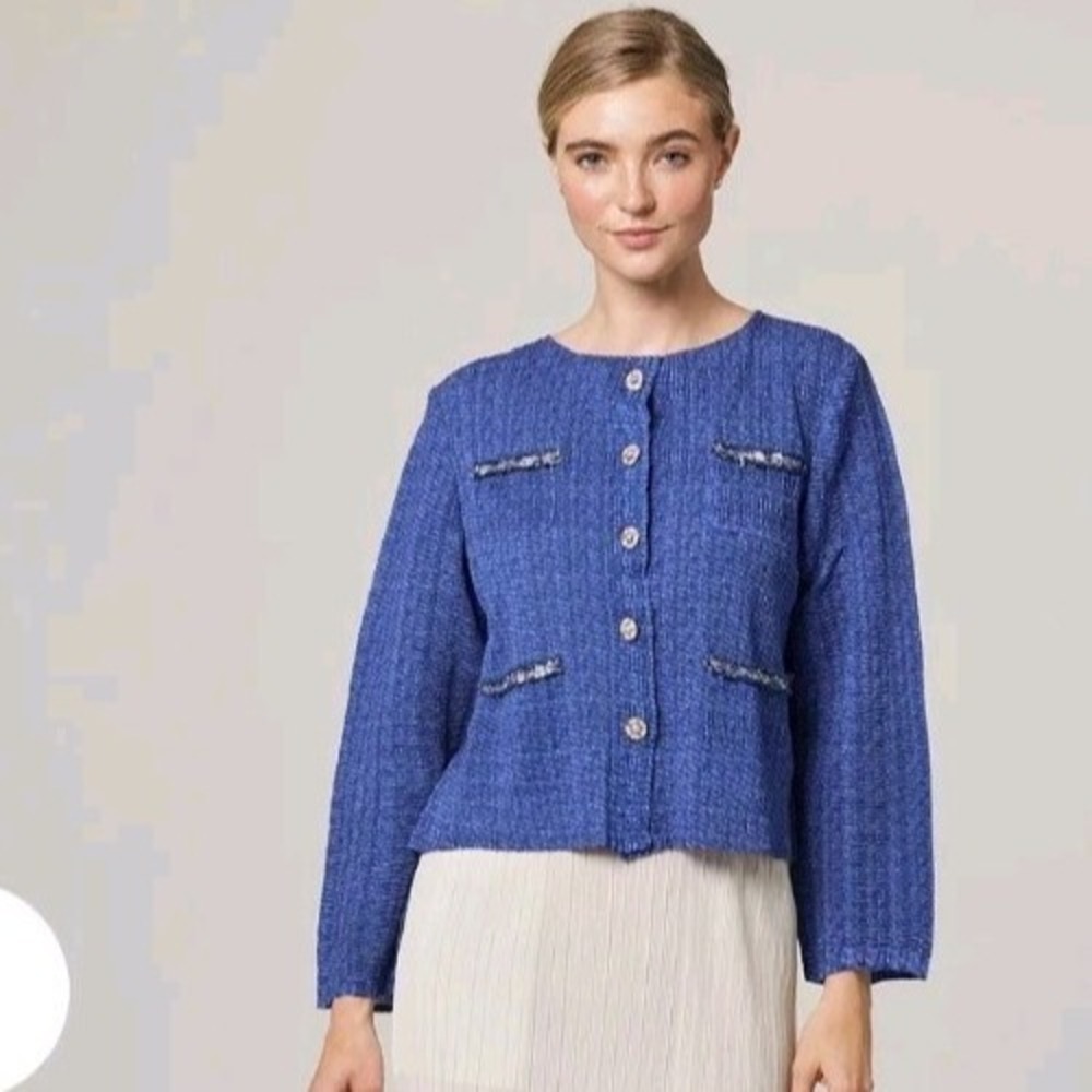 Wild Cosmos Lucia Tweed Print Plissé Satin Quiet Luxury Gold Button Blue Jacket